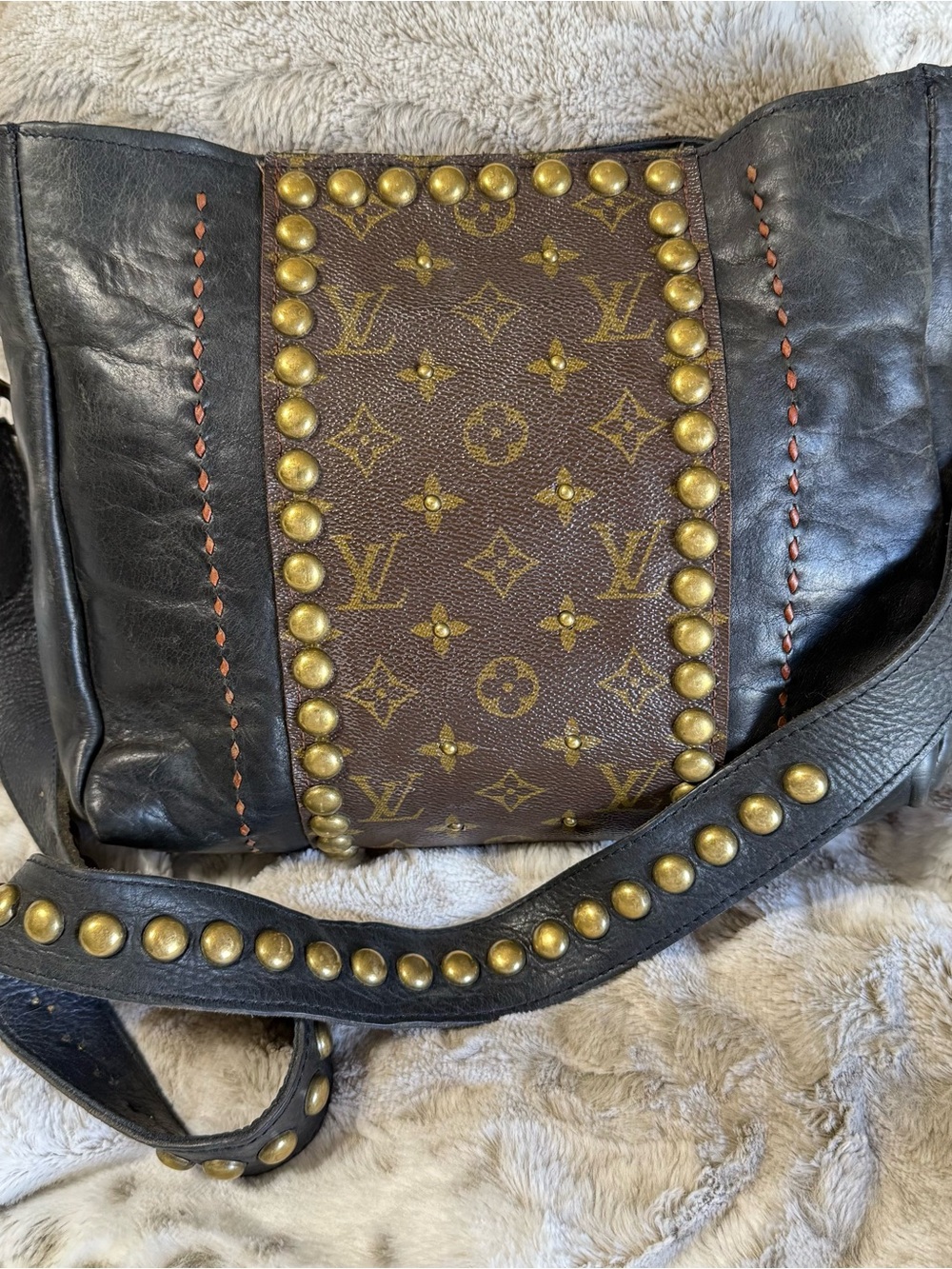 Louis Vuitton Brown Monogram & Black Studded Boho Shoulder Bag